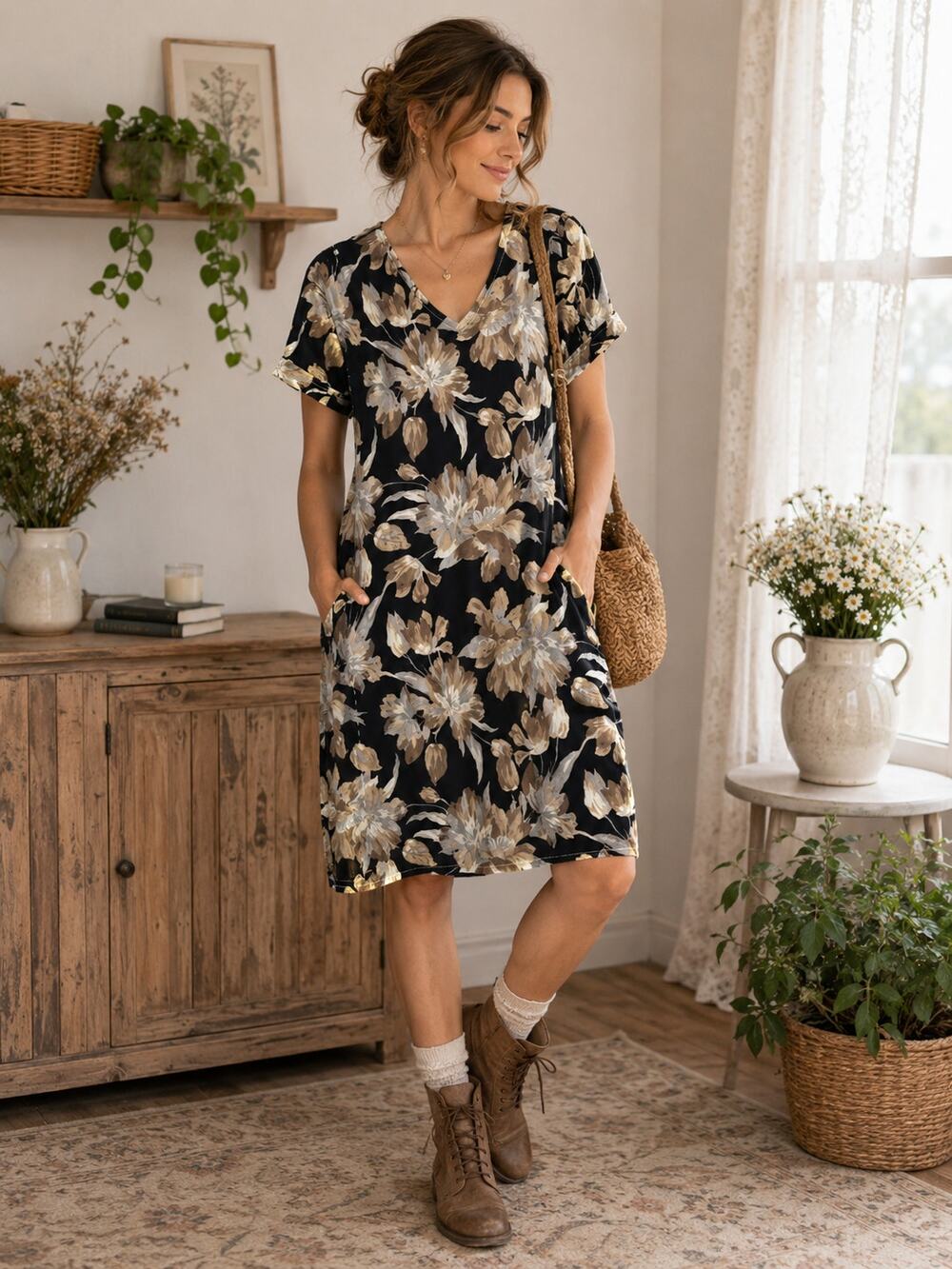Women’s Floral V-Neck T-Shirt Dress M/L Black Beige Pockets